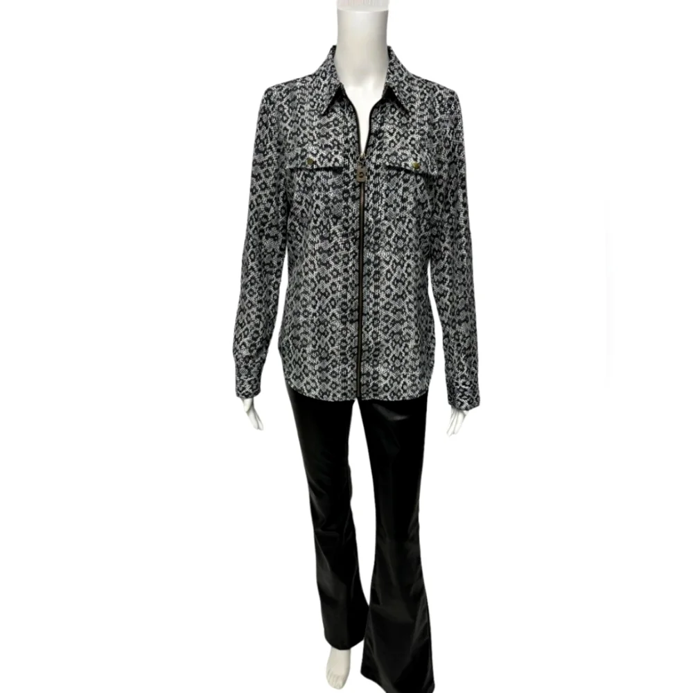 Michael Kors Black & White Patterned Front-Zip Utility Blouse - Medium